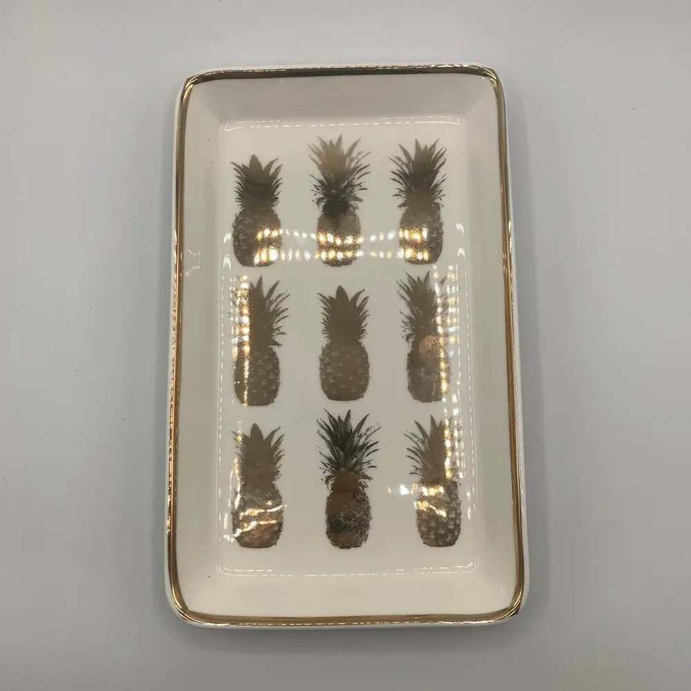 J.Crew Pineapple Ceramic Jewelry Tray Trinket Dish White with Gold Trim Boxed